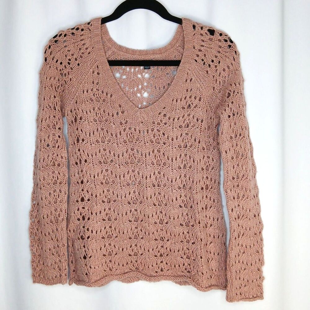American Eagle Chunky Open Knit Sweater V-neck Long Sleeve Dusty Pink Womens XS